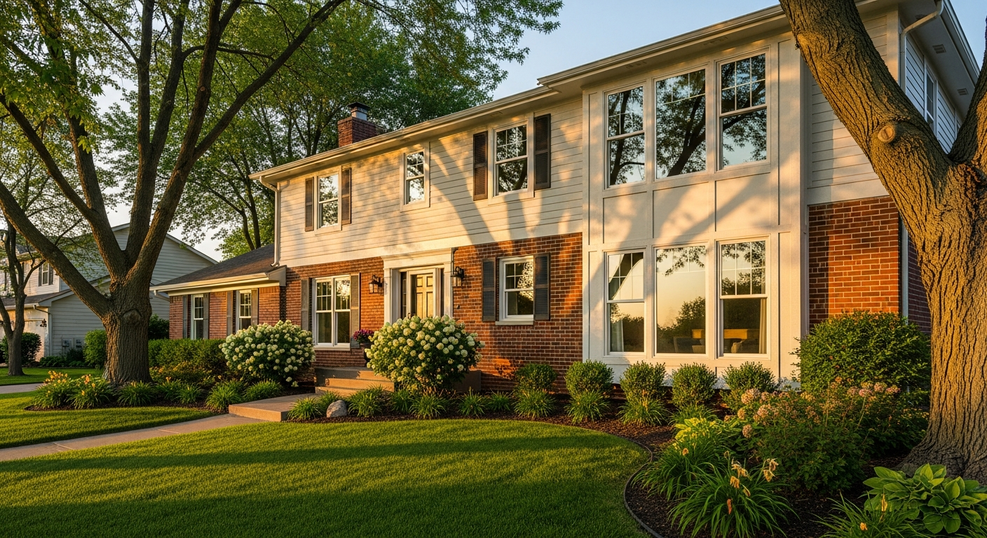 Lincoln Nebraska two-story home with newly installed double-hung replacement windows in black frames against a soft yellow morning sun