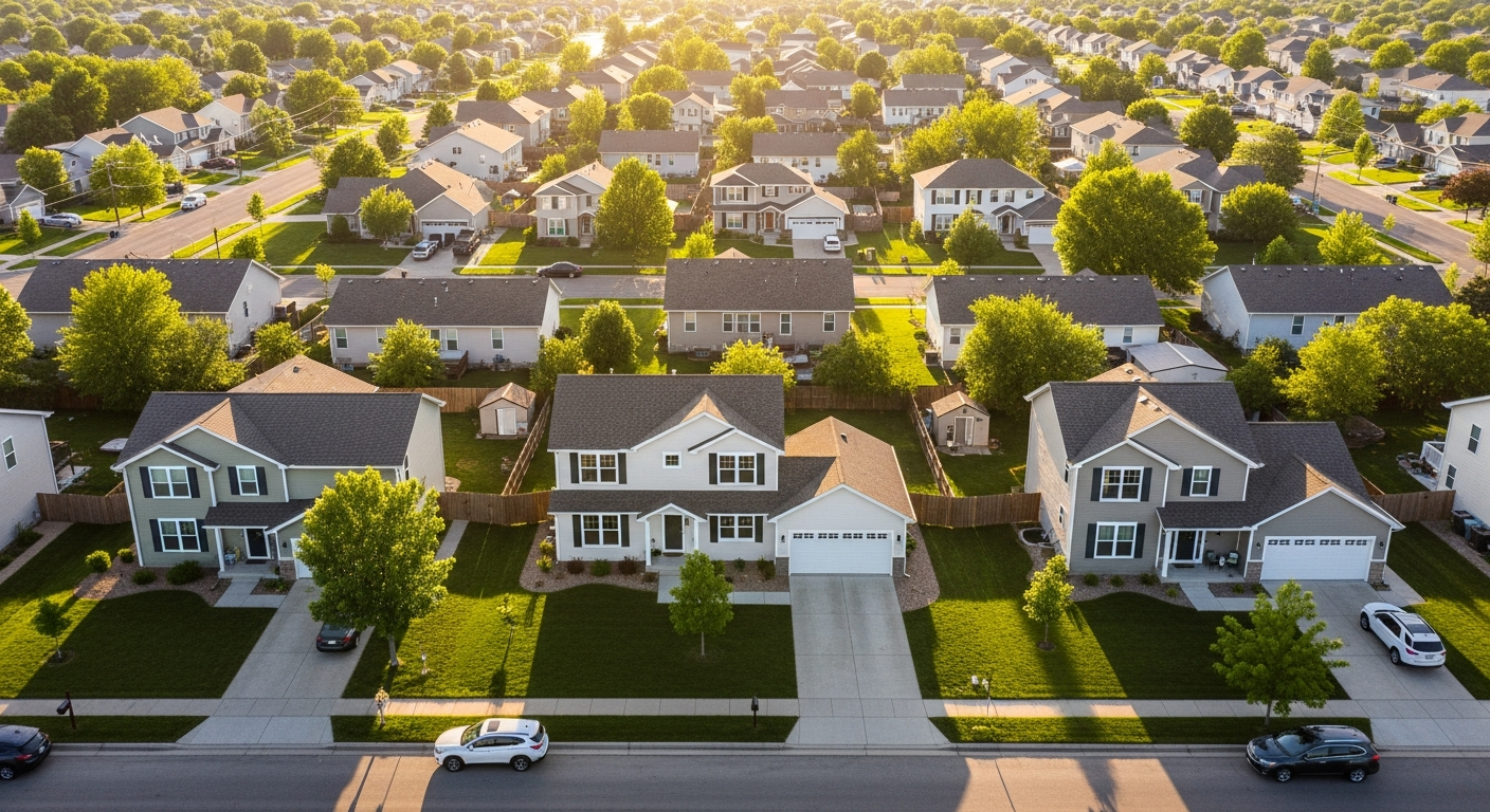 Aerial view of a Lincoln Nebraska residential neighborhood with several homes showing newly installed black-frame replacement windows
