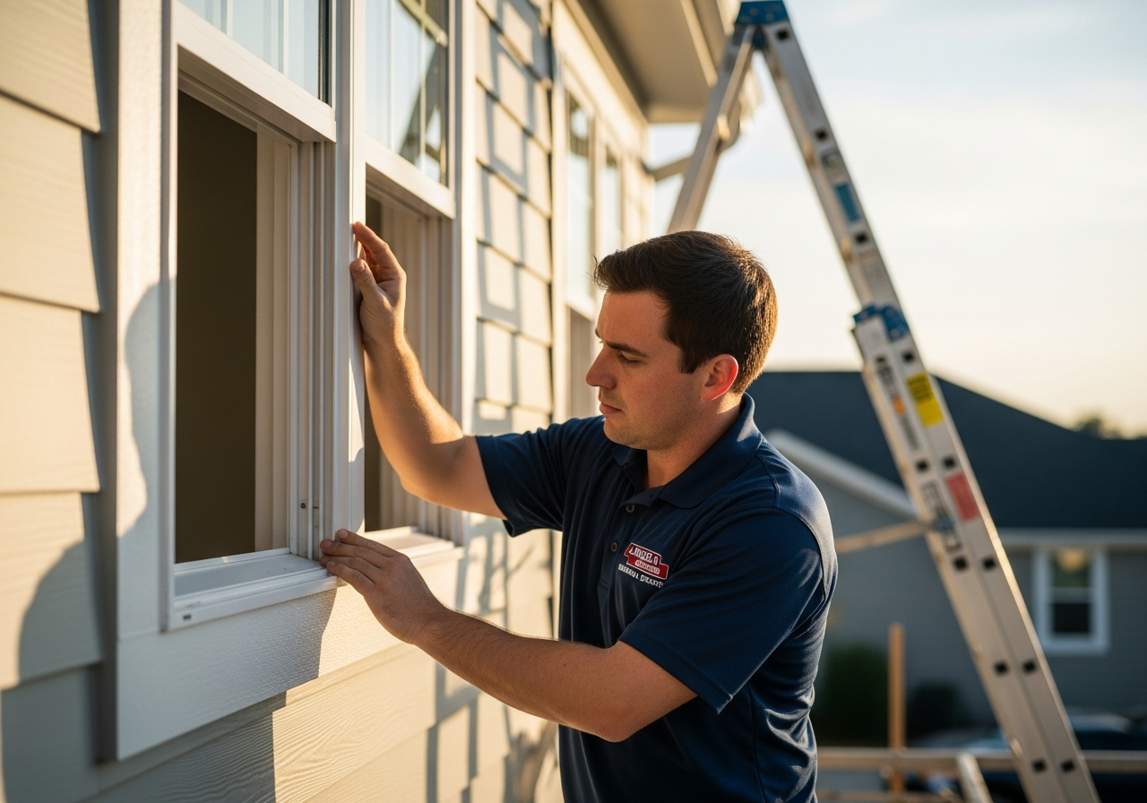 Lincoln NE window installer setting a fiberglass replacement window into a freshly prepped opening on a residential exterior